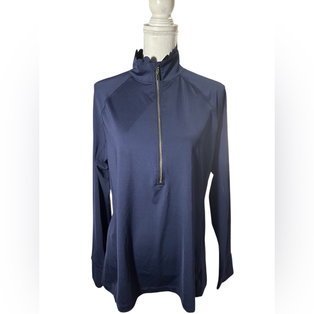 Crown & Ivy Navy Long Sleeve Half Zip-Up Scalloped Neck Top